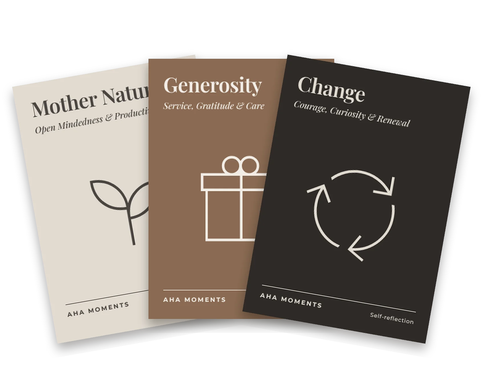 Three Aha Moments cards fanned out: Mother Nature, Generosity, and Change