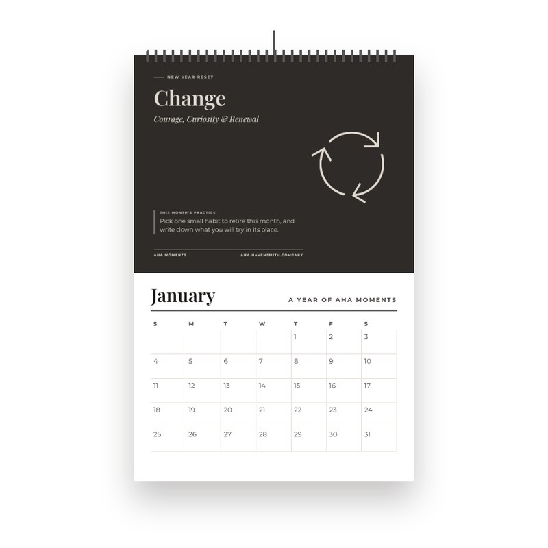 Wall calendar open to January with the Change card on top.