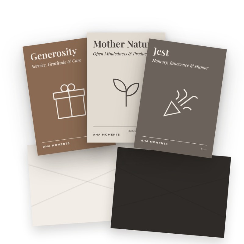 Generosity, Mother Nature, and Jest cards as folded greeting cards with envelopes.