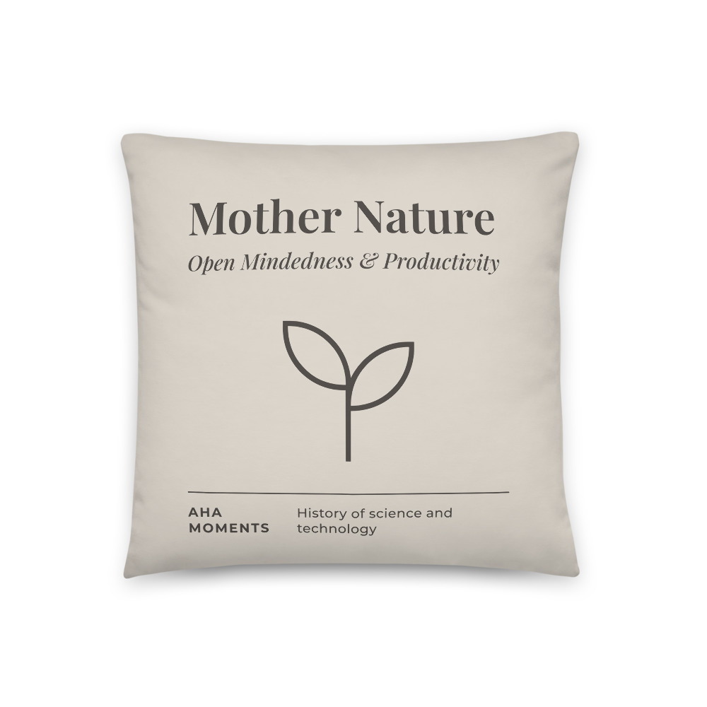 A bone square pillow printed with the Aha Moments Mother Nature card and a sprout drawing.
