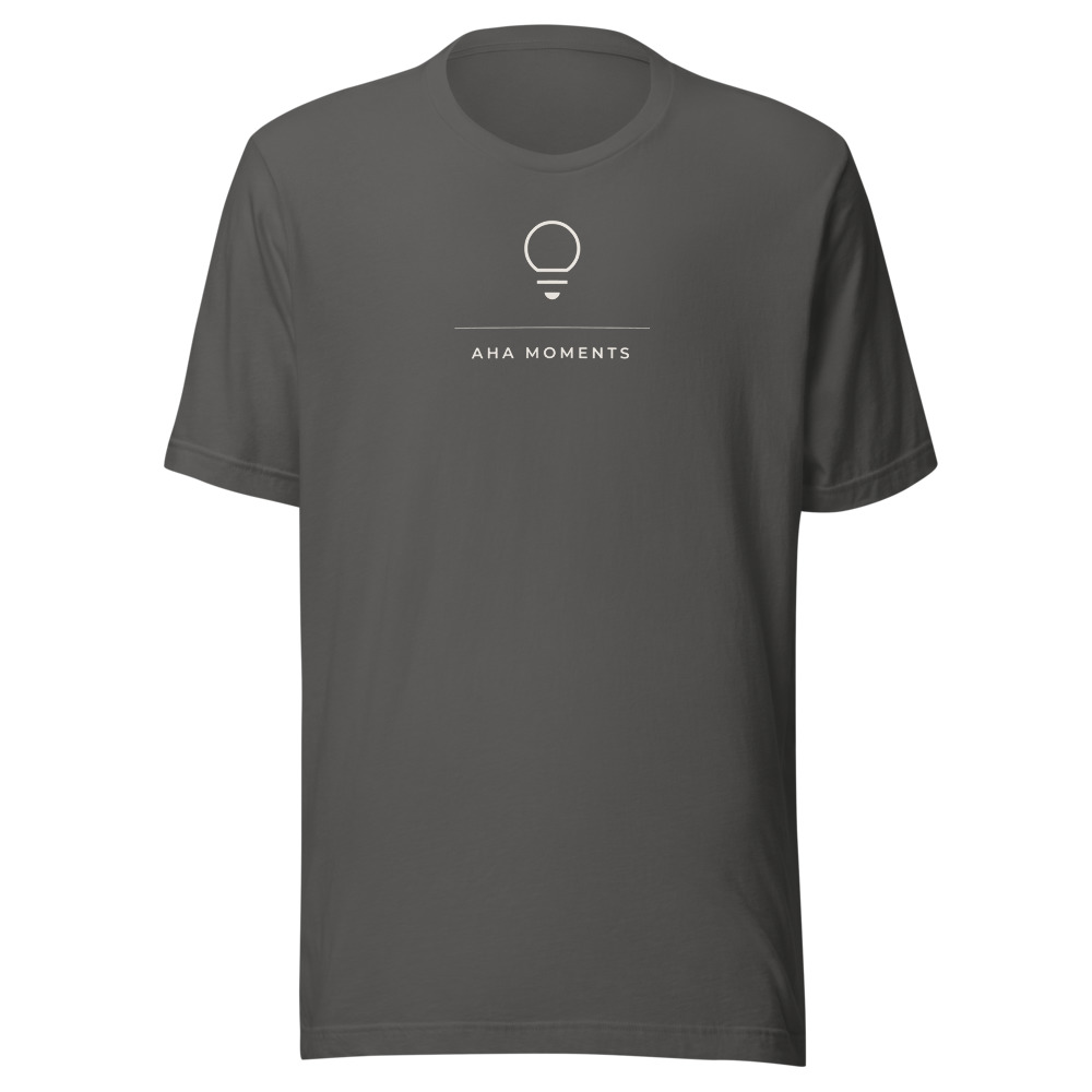 A slate gray t-shirt with a small white light bulb drawing and Aha Moments on the chest.
