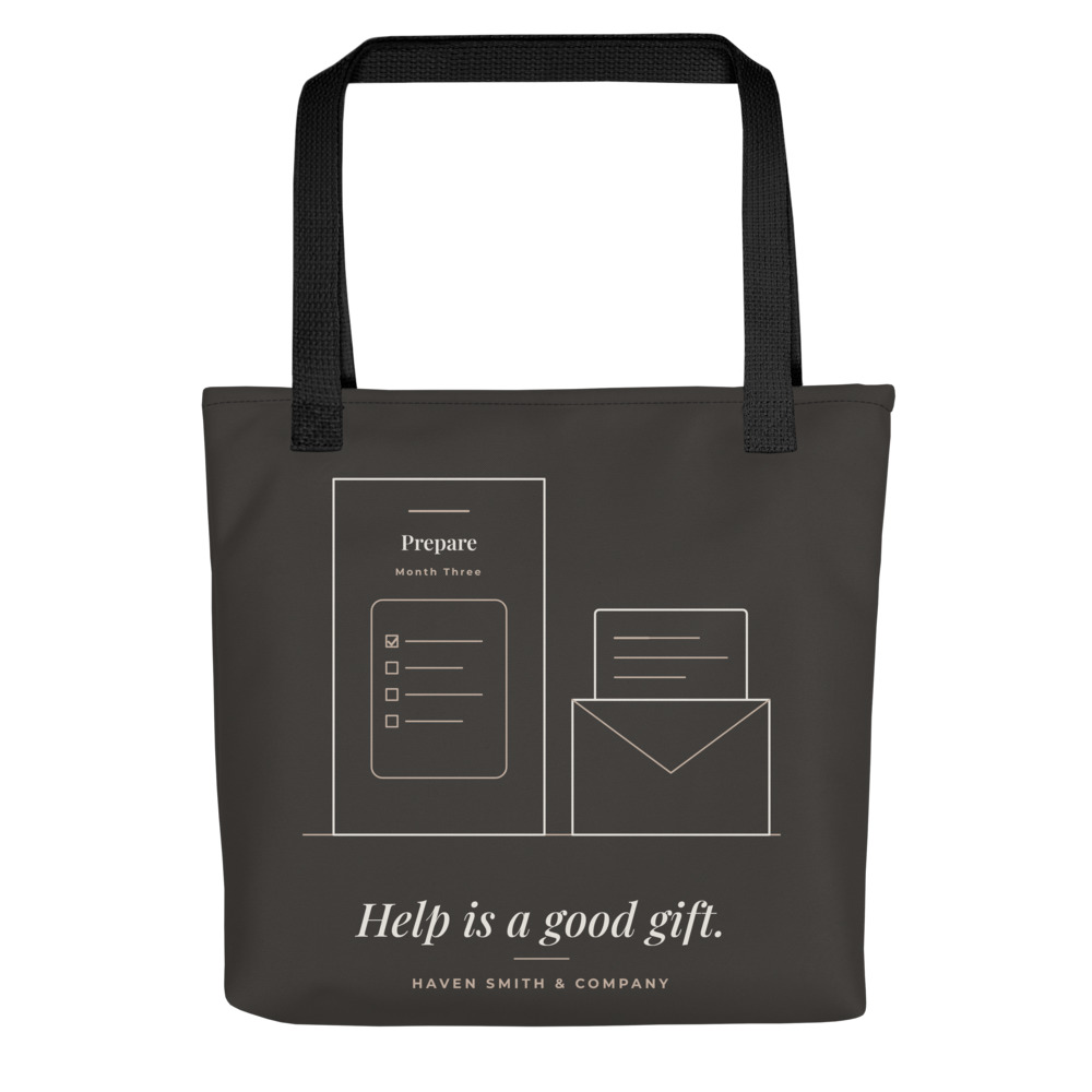 A charcoal tote with black handles printed with a checklist and envelope drawing and Help is a good gift.