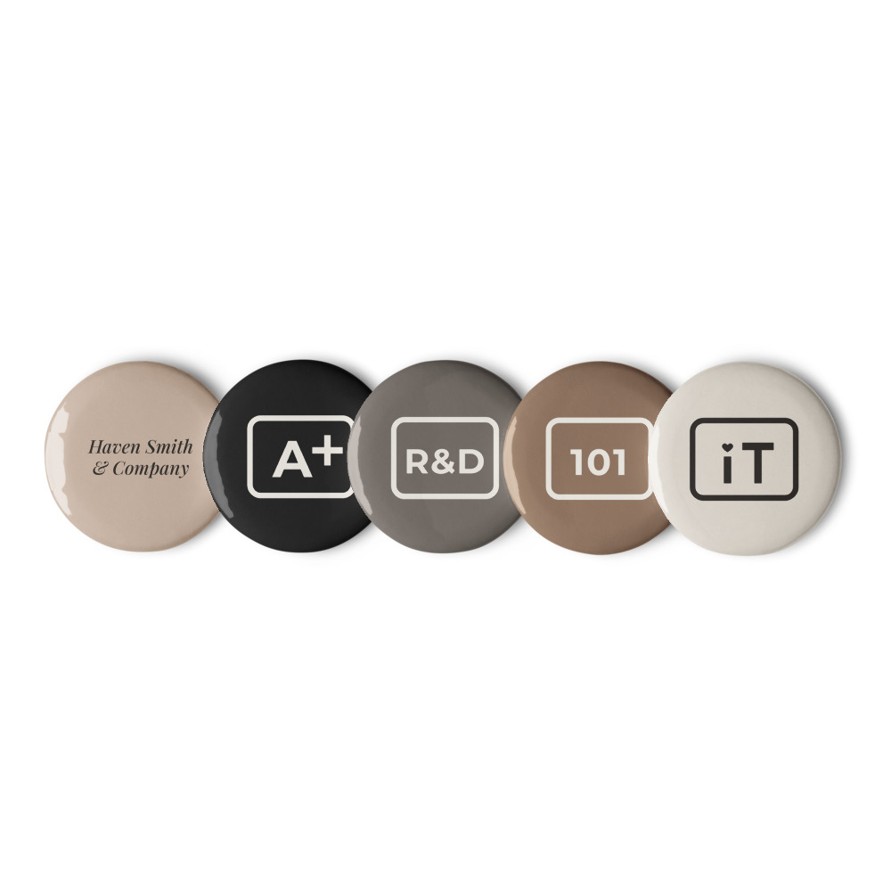 Five round buttons in bone, black, slate, mocha, and cream with the Haven Smith and Company name and the A+, R&D, 101, and iT marks.
