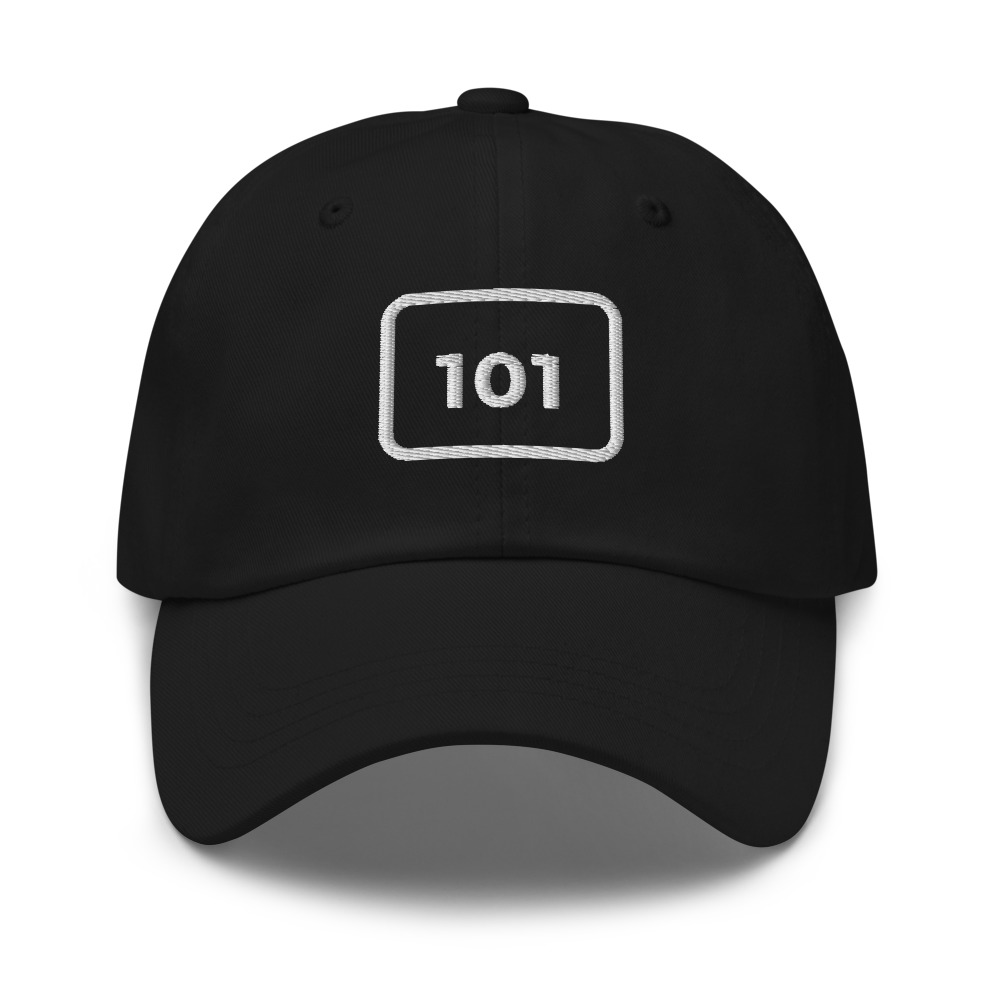 A black cap embroidered with the 101 service mark in a white rounded square.