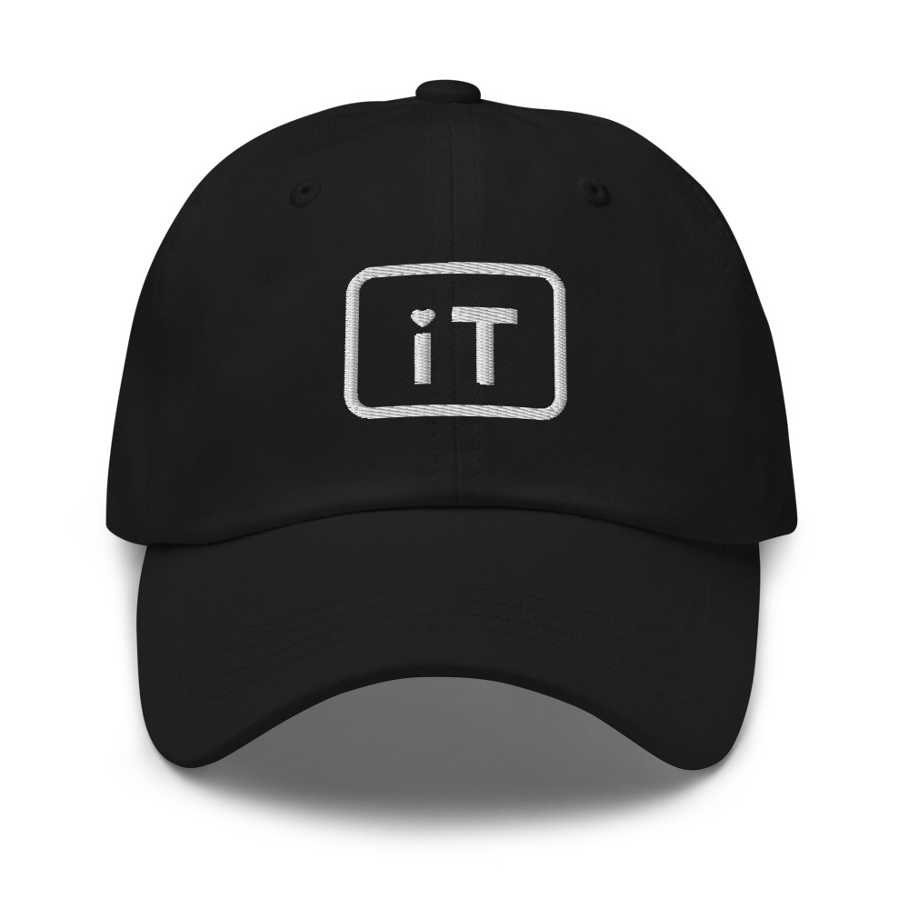 A black cap embroidered with the iT service mark in a white rounded square.