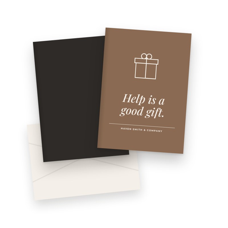 Mocha greeting card with a gift icon and the words Help is a good gift, with envelopes.