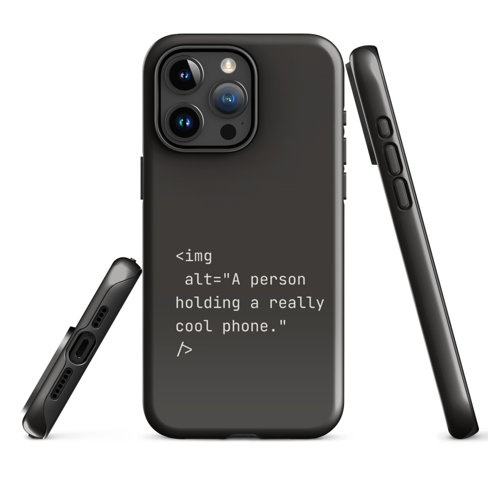 A charcoal tough phone case printed with img alt equals A person holding a really cool phone.