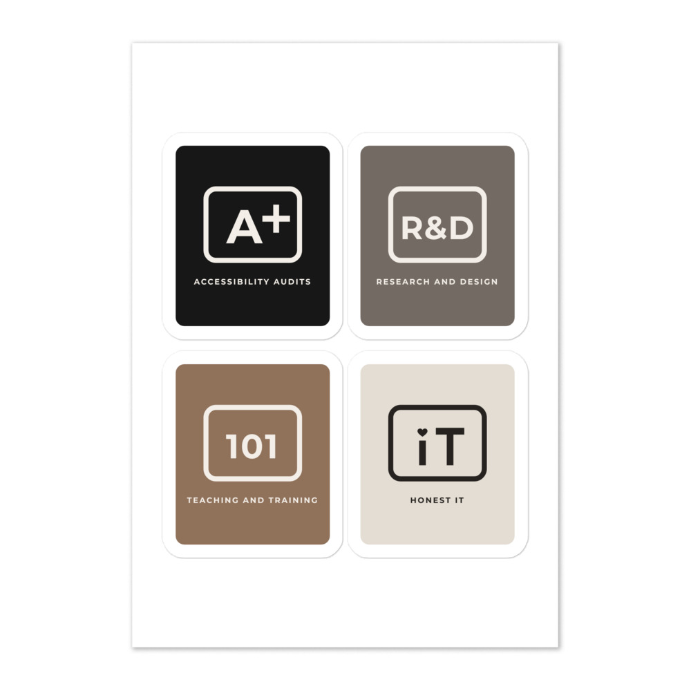 A sticker sheet with four square stickers: A+ Accessibility audits, R&D Research and design, 101 Teaching and training, and iT Honest IT.