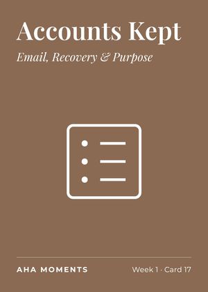 The Accounts Kept card: Email, Recovery & Purpose