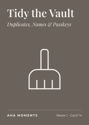The Tidy the Vault card: Duplicates, Names & Passkeys