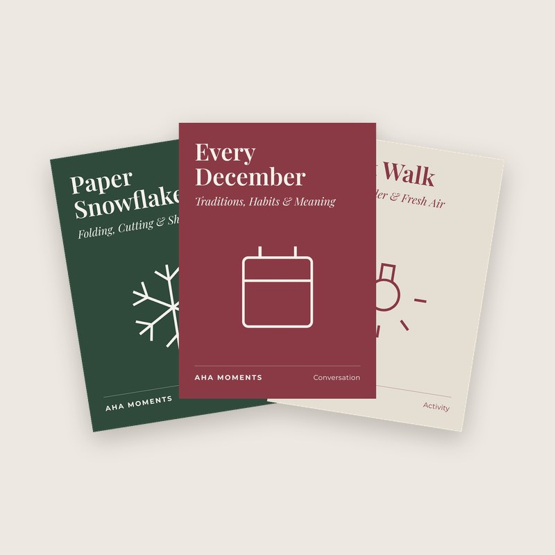 Three Christmas cards fanned out: Paper Snowflakes, Every December, and Light Walk