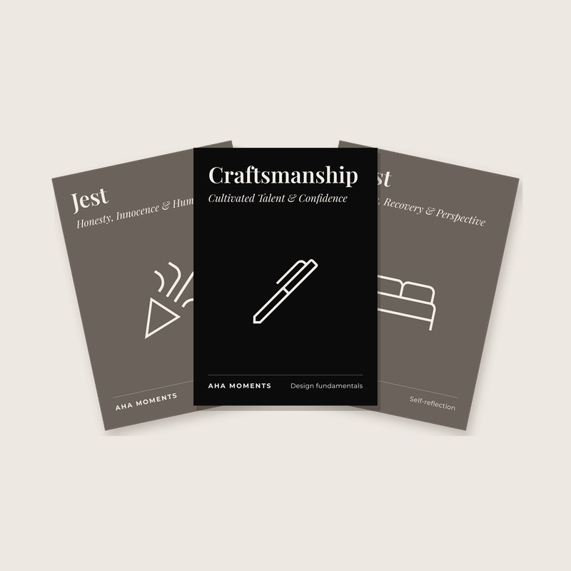 Three Aha Moments cards fanned out: Jest, Craftsmanship, and Rest