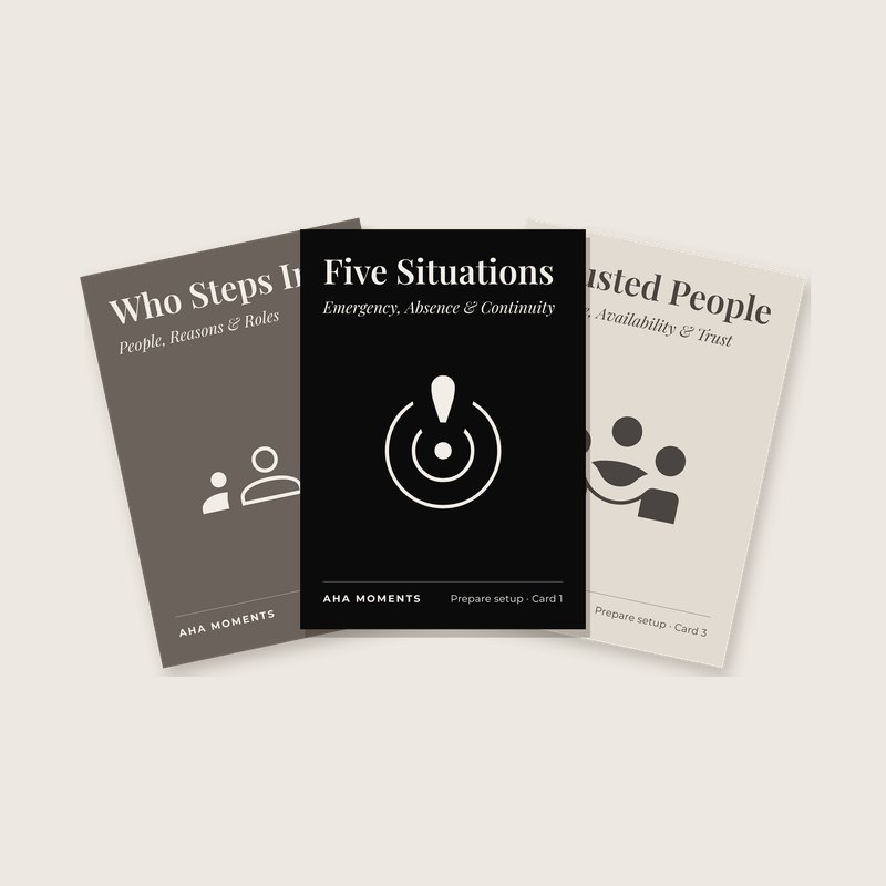 Three Digital Legacy and Estate Planning cards fanned out: Who Steps In, Five Situations, and Trusted People