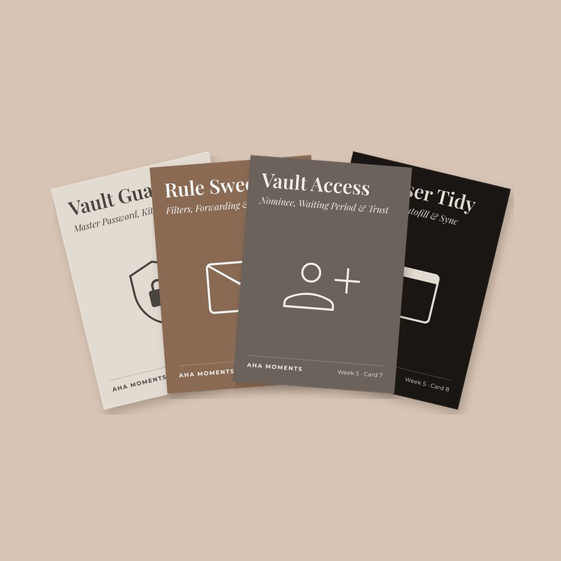 Four Digital Safety cards fanned out: Vault Guard, Rule Sweep, Vault Access, and Browser Tidy