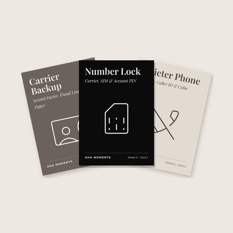 Three Digital Safety cards fanned out: Carrier Backup, Number Lock, and Quieter Phone