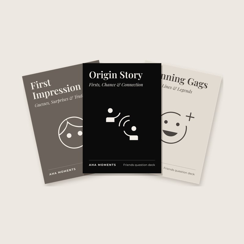 Three Friends Question cards fanned out: First Impression, Origin Story, and Running Gags