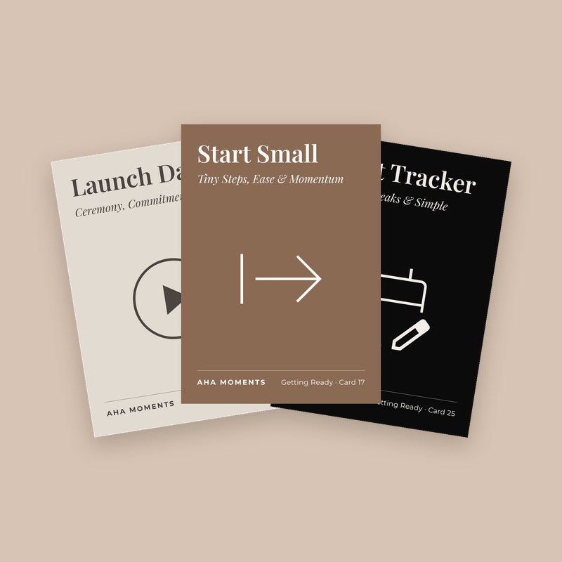 Three New Year cards fanned out: Launch Day, Start Small, and Habit Tracker