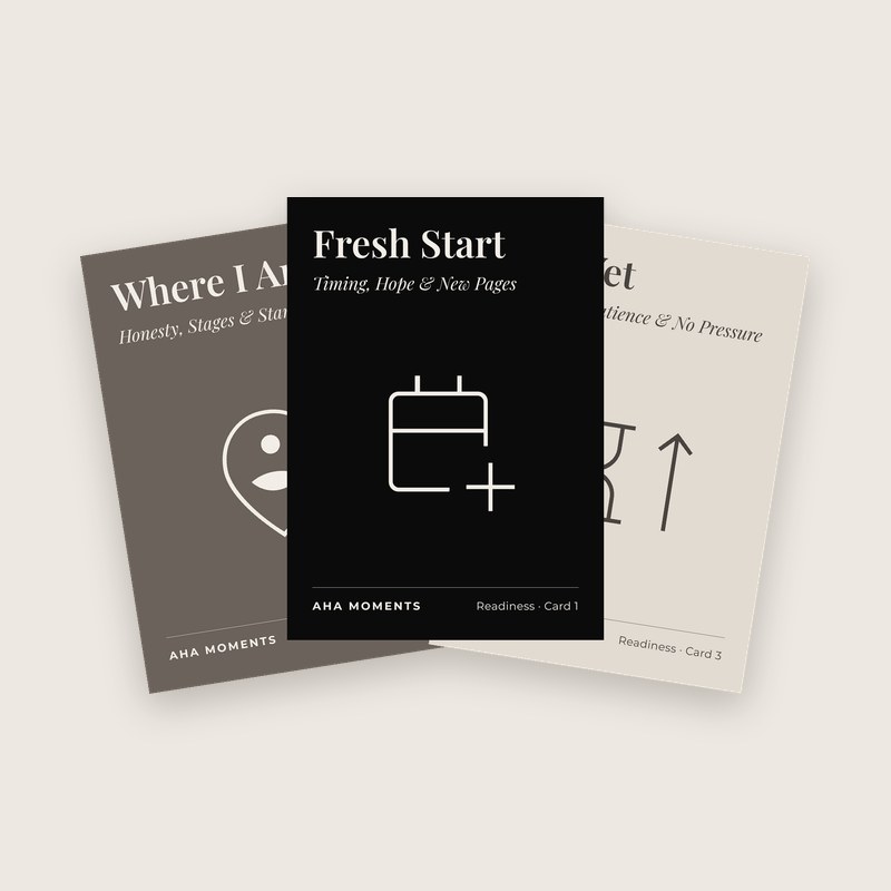Three New Year cards fanned out: Where I Am, Fresh Start, and Not Yet