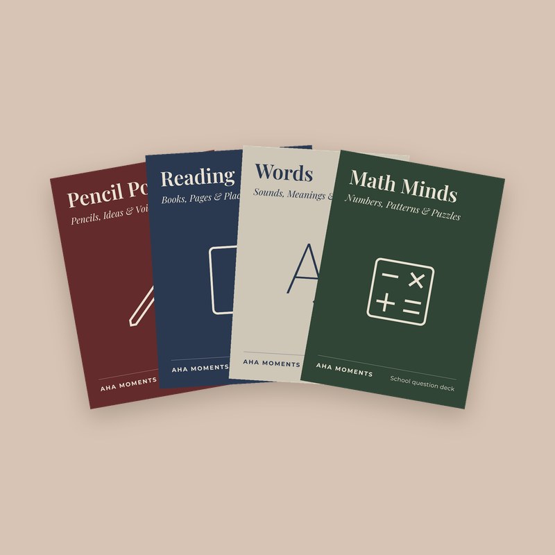 Four School Question cards fanned out: Pencil Power, Reading, Words, and Math Minds