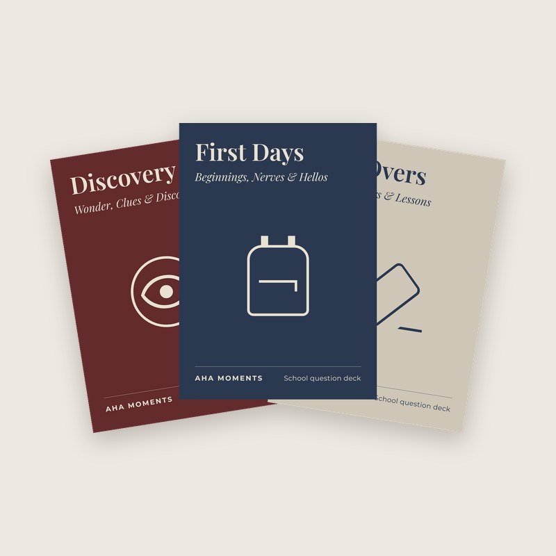 Three School Question cards fanned out: Discovery, First Days, and Do-Overs