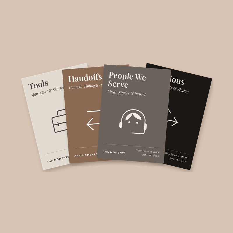 Four Your Team at Work cards fanned out: Tools, Handoffs, People We Serve, and Decisions
