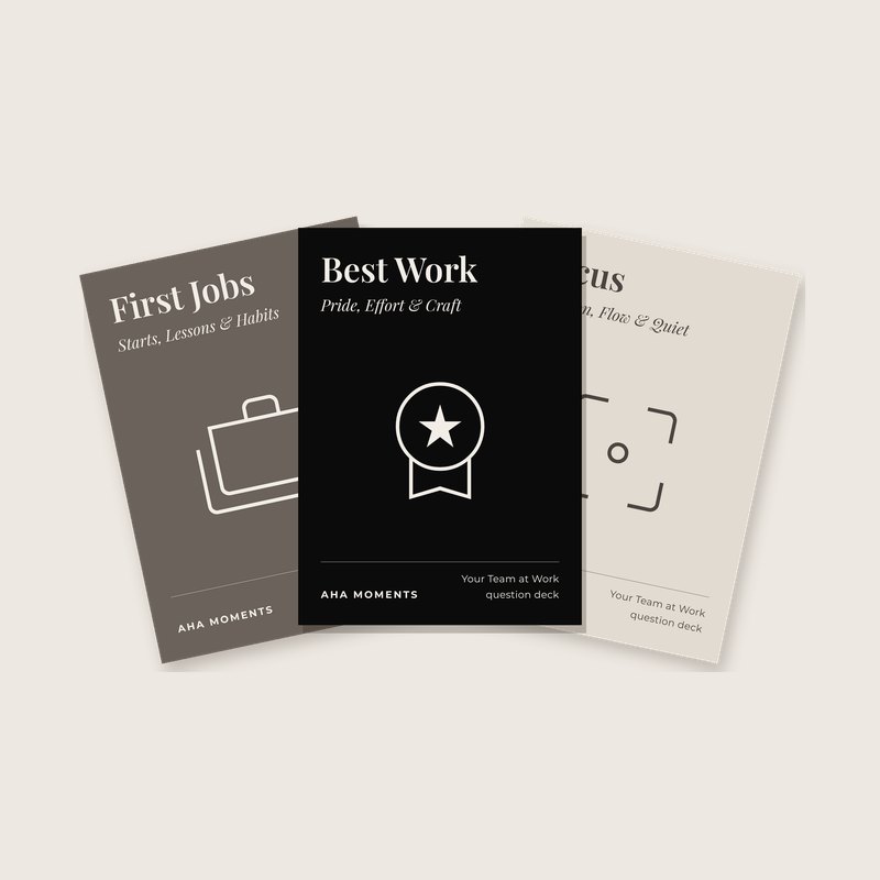 Three Your Team at Work cards fanned out: First Jobs, Best Work, and Focus
