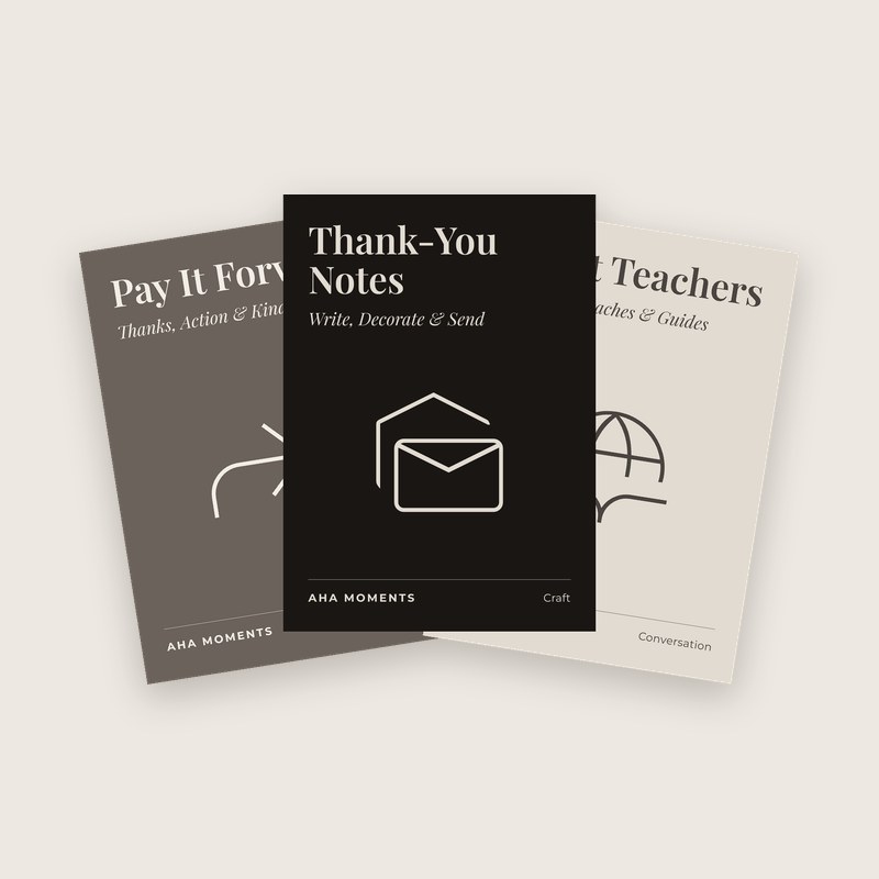 Three Thank You cards fanned out: Pay It Forward, Thank-You Notes, and Great Teachers