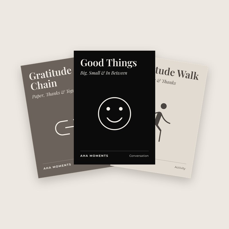 Three Thanksgiving cards fanned out: Gratitude Chain, Good Things, and Gratitude Walk