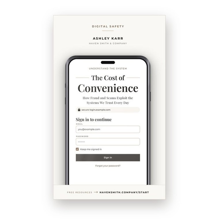 The cover of The Cost of Convenience by Ashley Karr, with a sign-in screen and a padlock.