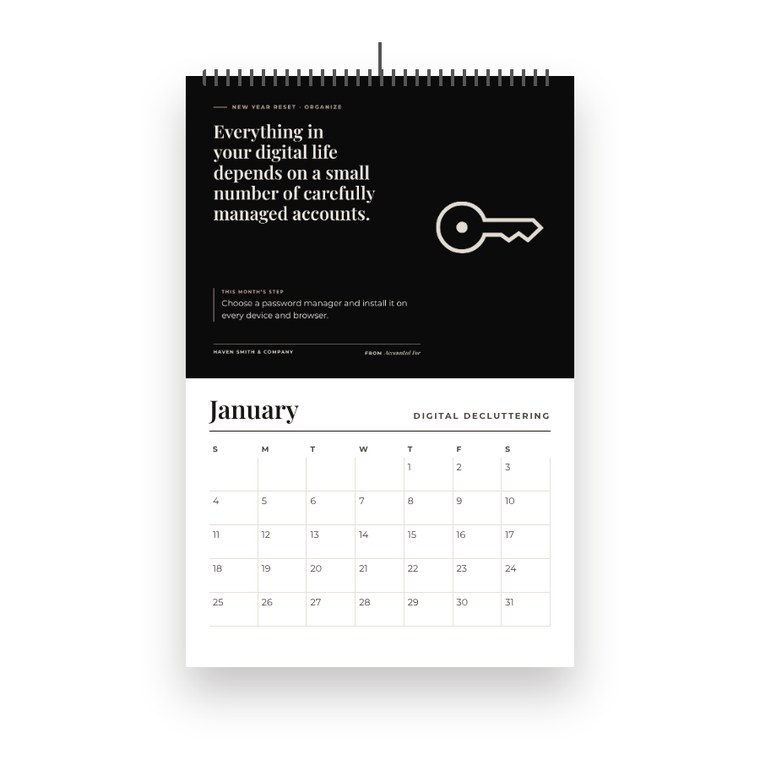 Wall calendar open to January with the line Everything in your digital life depends on a small number of carefully managed accounts.