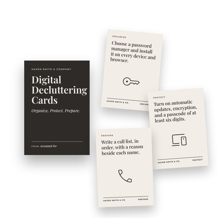 A charcoal Digital Decluttering Cards box beside three cream cards for Organize, Protect, and Prepare.