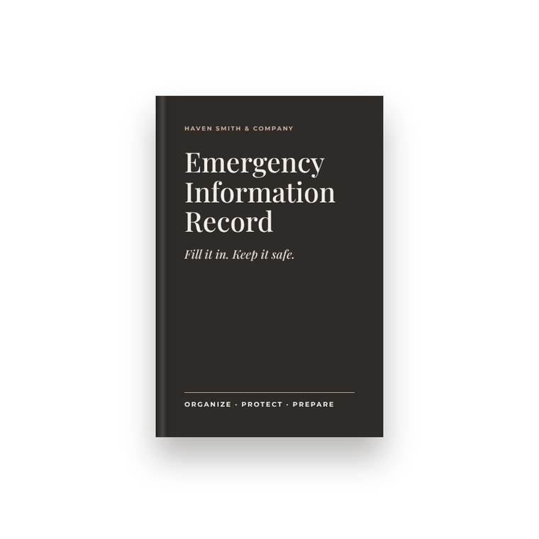 A charcoal bound book titled Emergency Information Record.